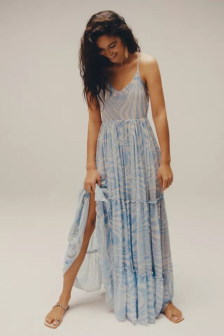 MISA Los Angeles Kalita Sleeveless Tiered Maxi Dress Casablanca Blue Women Small